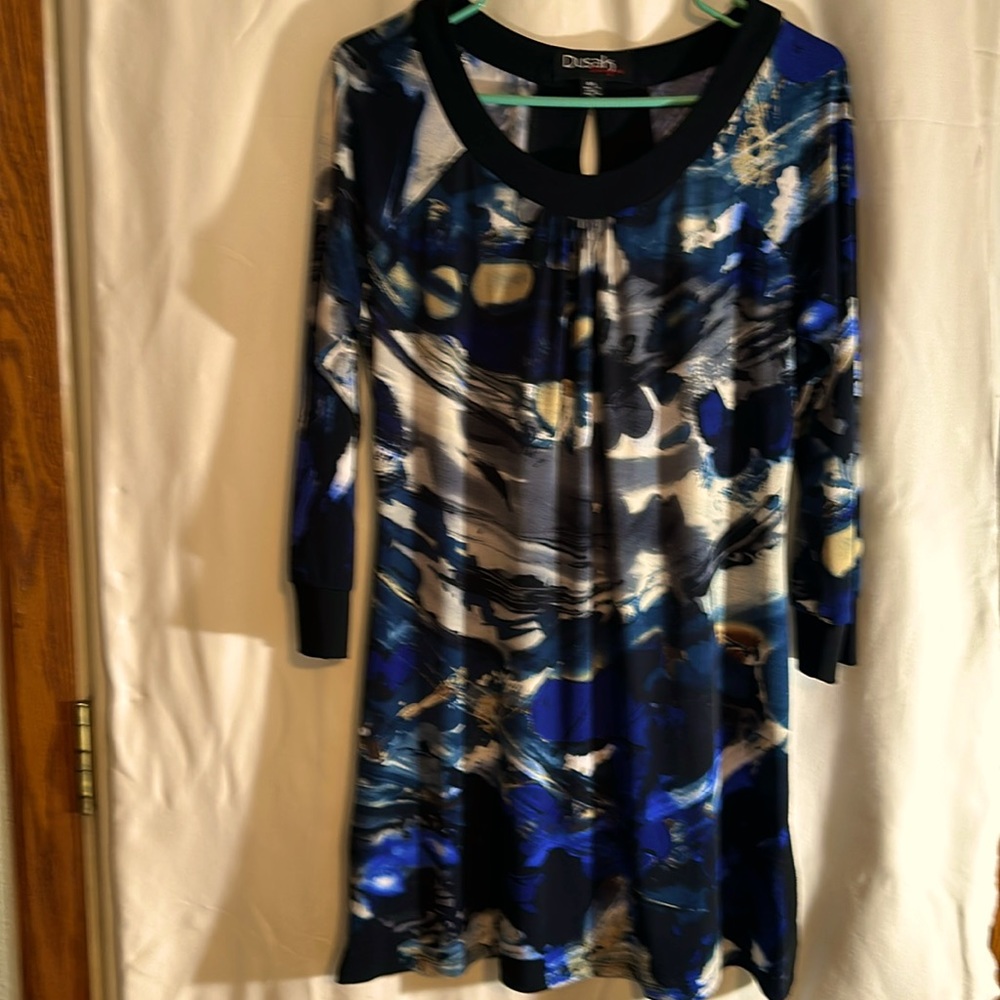 Dusak Designs dress. Black blue white gray tan colors. L/G in size.